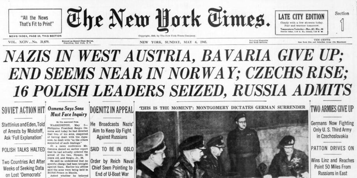 Первая страница газеты Нью-Йорк таймс за 6 мая 1945 года