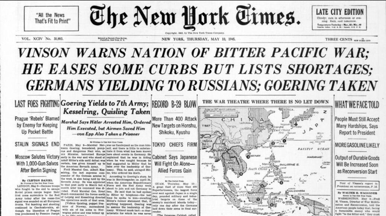 Первая страница Нью-Йорк таймс за 10 мая 1945 года