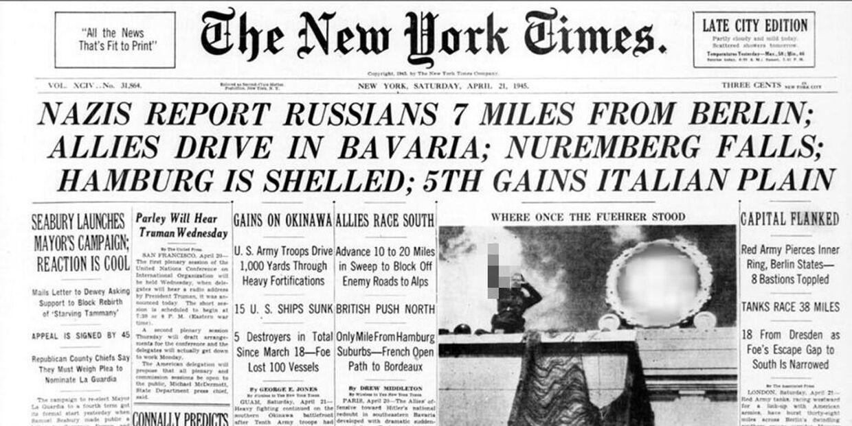Первая страница газеты Нью-Йорк таймс от 21 апреля 1945 года