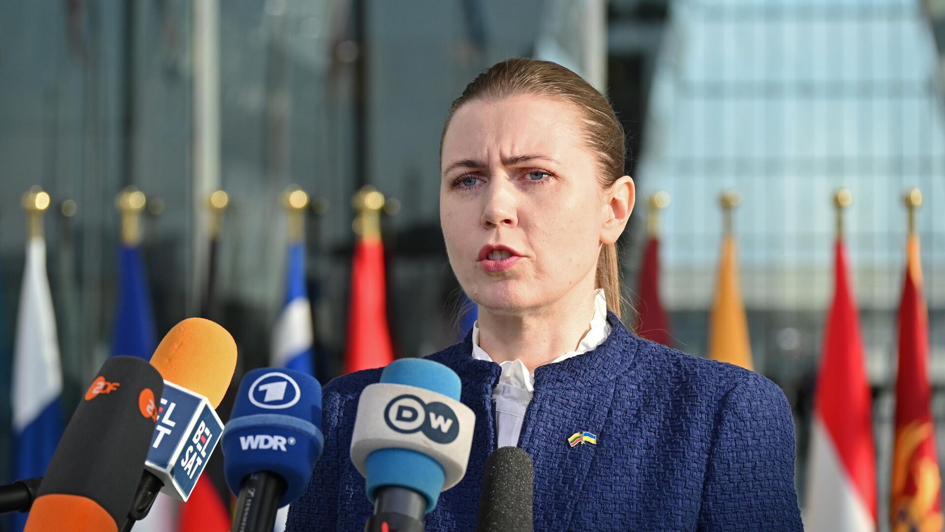 Министр обороны Литвы Довиле Шакалене выступает перед представителями СМИ во время встречи министров обороны государств-членов так называемой коалиции желающих в штаб-квартире НАТО в Брюсселе. 11 апреля 2025 года, Бельгия.  - ИноСМИ, 1920, 30.04.2025