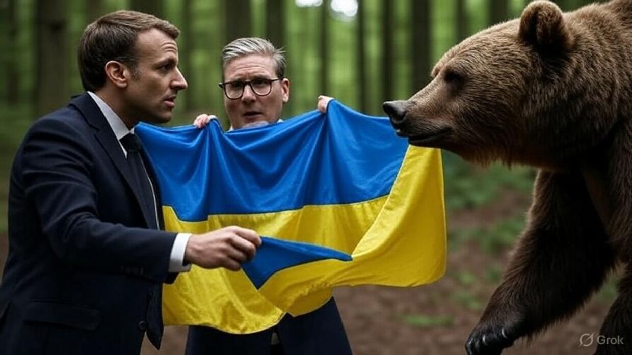 Макрон и Стармер с медведем 