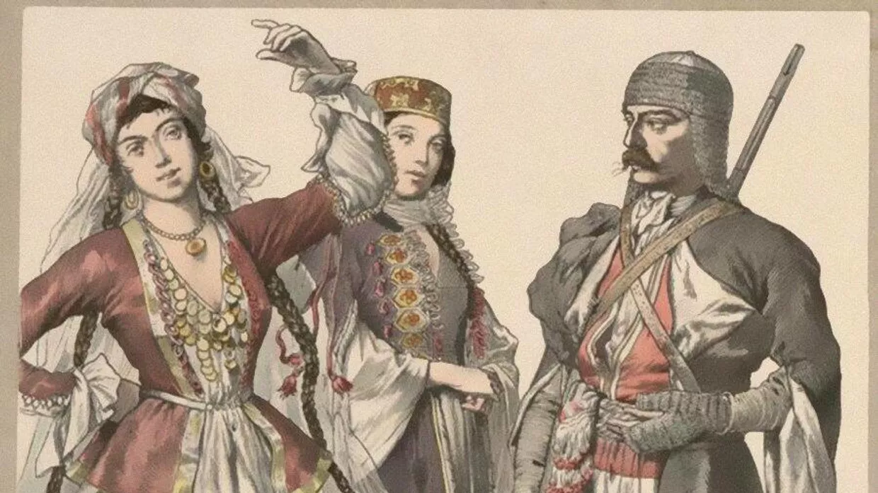 Гравюра Баядерка из Эсмака. Геогианка. Черкесы из Хевсур