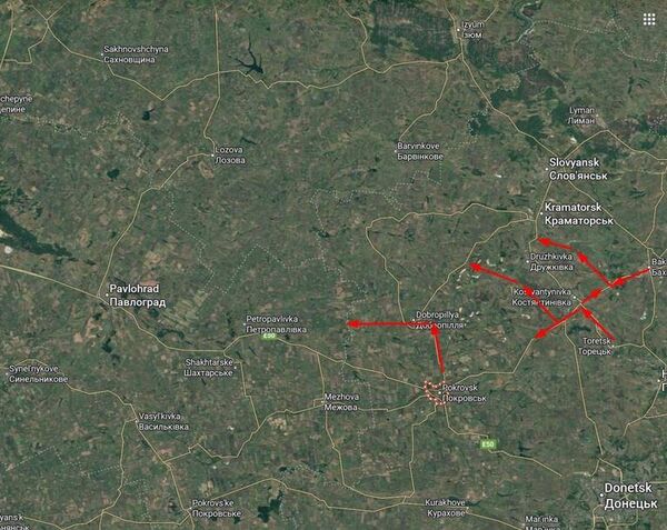 Возможный заход российских войск в тыл агломерации Константиновка-Дружковка-Краматорск-Славянск (по данным DeepState)