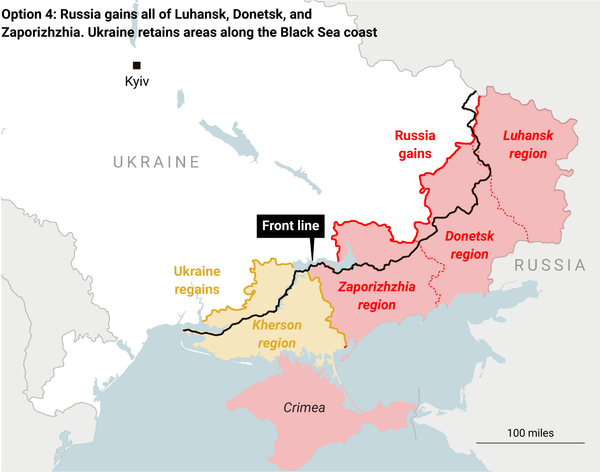 Вариант 4: Россия получает всю территорию ДНР, ЛНР и Запорожской области; Украина сохраняет районы на побережье Черного моря Вариант 4: Россия получает всю территорию ДНР, ЛНР и Запорожской области; Украина сохраняет районы на побережье Черного моря