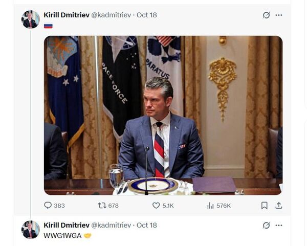 Твит Кирилла Дмитриева с фотографией Хегсета в российском галстуке