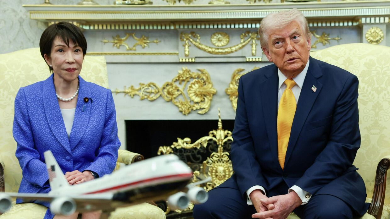 U.S. President Donald Trump meets with Japanese Prime Minister Sanae Takaichi in the Oval Office at the White House in Washington, D.C., U.S., March 19, 2026. 