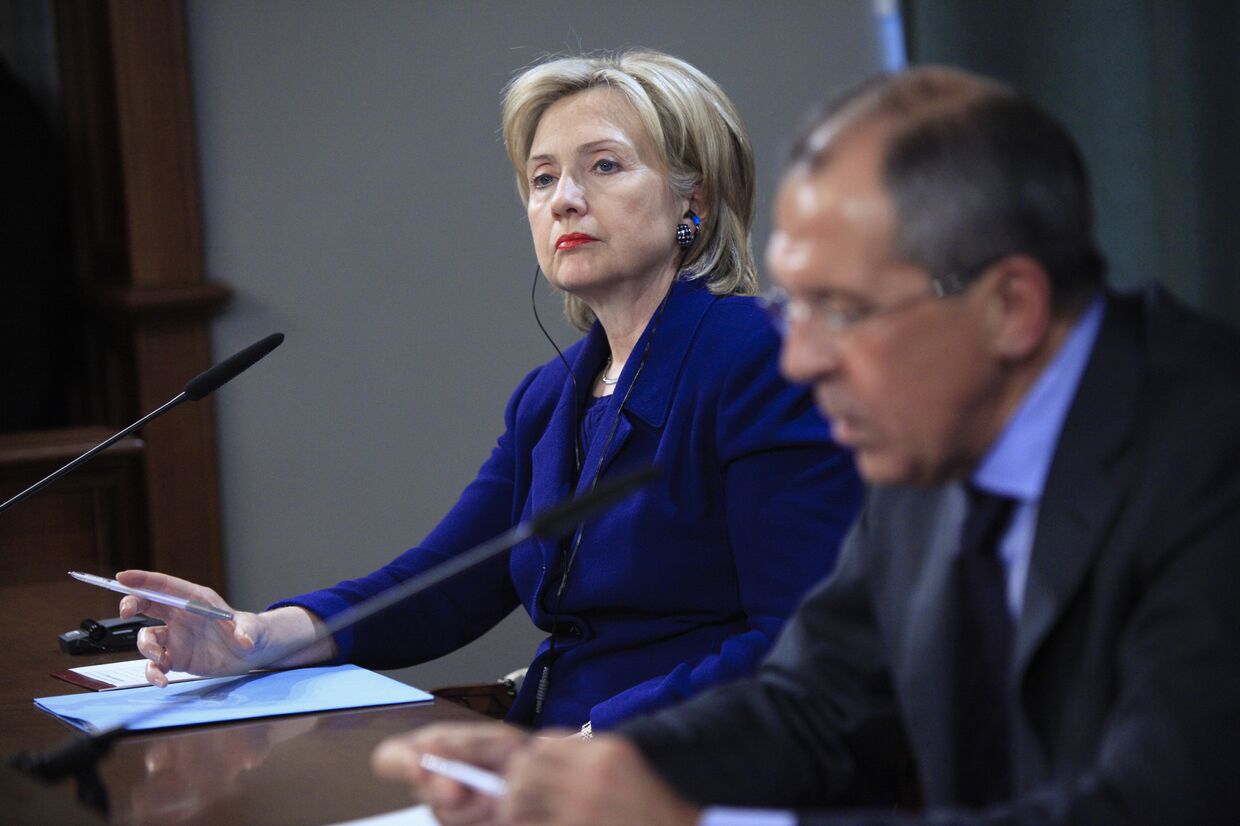 Госсекретарь США Хиллари Клинтон на пресс-конференции по итогам переговоров с главой МИД РФ