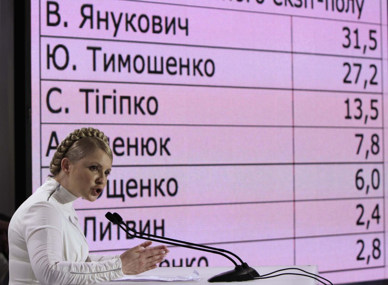 Юлия Тимошенко выступает на фоне предварительных результатов первого этапа выборов президента Украины