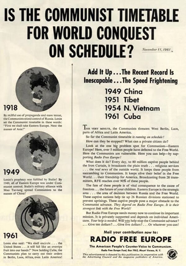 Реклама Радио Свобода (1961 г). Заголовок плаката Коммунистическое завоевание мира идет по расписанию?