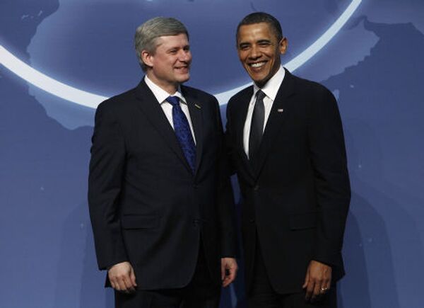 барак обама с премьер-министром Канады Стивеном Харпером на саммите по ядерной безопасности
