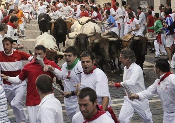 Бег быков и людей по улицам испанской Памплоны
