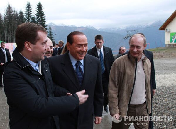 Д.Медведев, В.Путин и С.Берлускони в Красной поляне