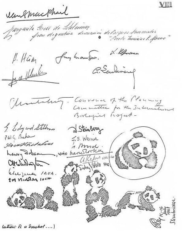 эскизы логотипа, сделанные сэром Питером Скоттом, и подписи членов Попечительского совета WWF