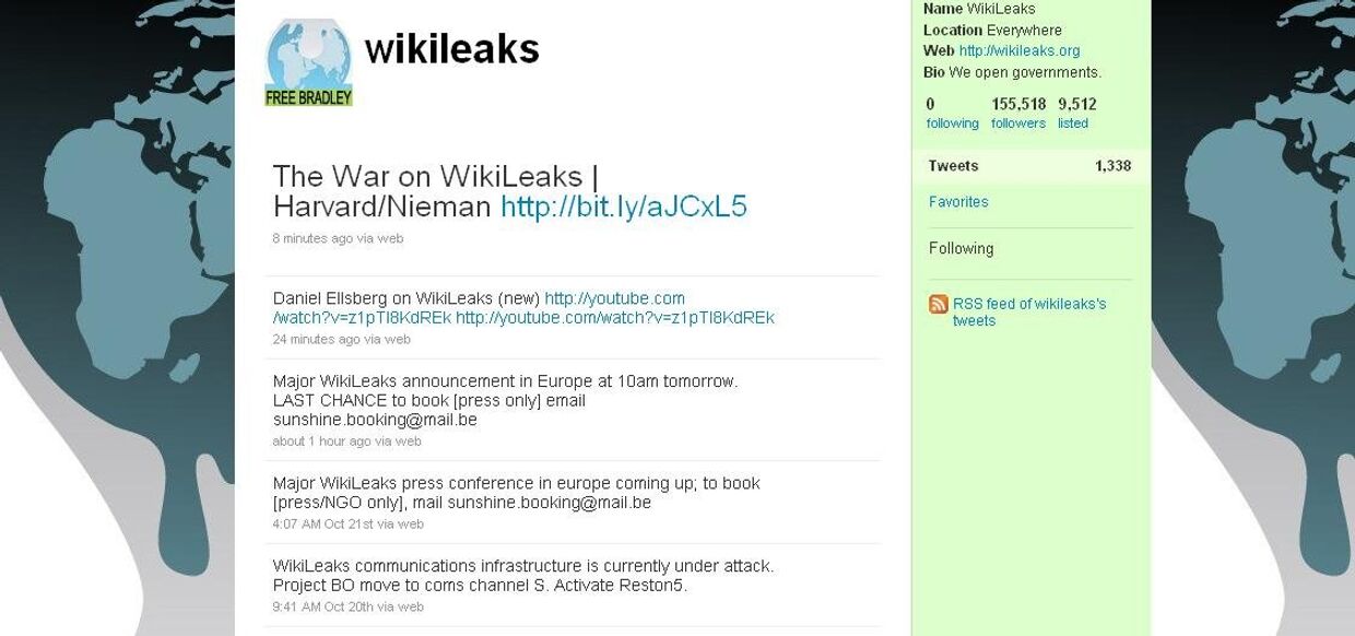 Скриншот страницы  WikiLeaks в Twitter