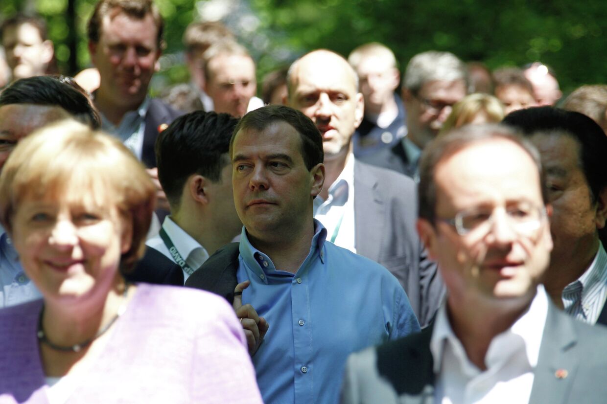 Ангела Меркель, Дмитрий Медведев, Франсуа Олланд на саммите G8 в Кэмп-Дэвиде