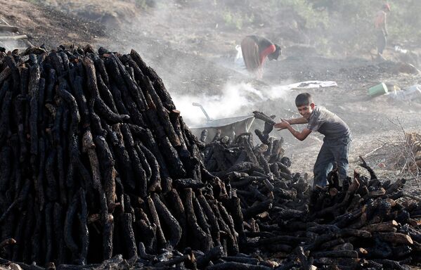 Мальчик участвует в изготовке угля в городе Кызылджахамам, Турция