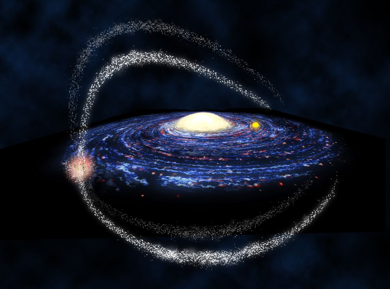 Галактика Млечный путь разорвала галактику-спутник на четыре хвоста. Представление художника