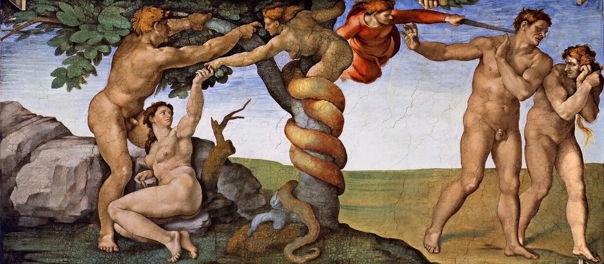 Микеланджело Буанаротти Грехопадение и изгнание из Рая. Фреска свода сикстинской капеллы. 1508—1512 годы