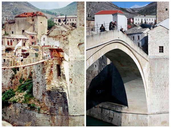 Подвесной мост в Мостаре в июне 1993 года и вид на реконструированный Старый мост 23 февраля 2013