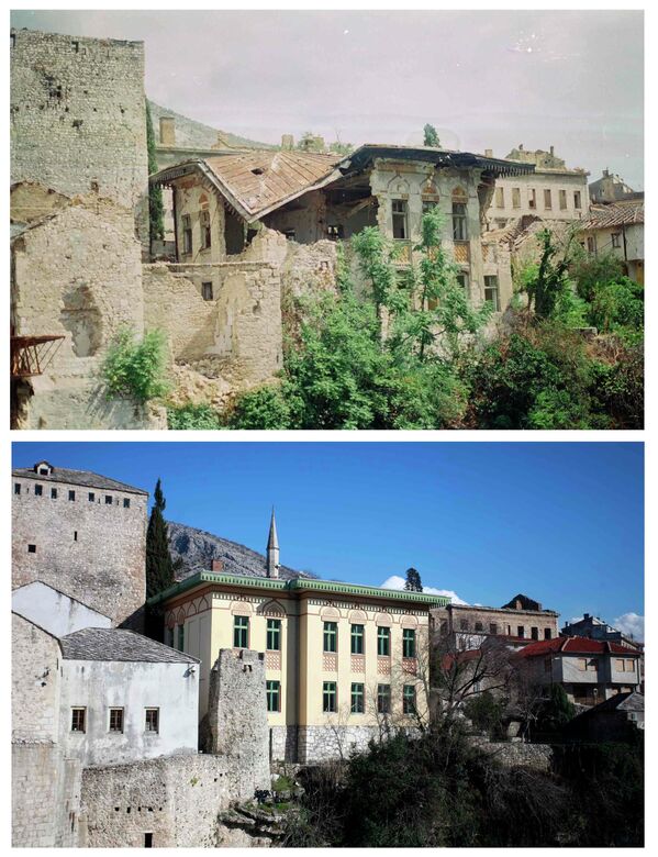 Поврежденные здания в старой части города Мостар в июне 1993 и вид с того же места 23 февраля 2013