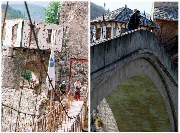 Подвесной мост в Мостаре в июне 1993 года и вид на реконструированный Старый мост 23 февраля 2013