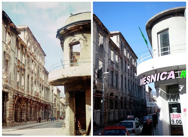 Поврежденные здания на улице Маршала Тита в Мостаре в июне 1993 года, и вид той же улицы 23 февраля 2013