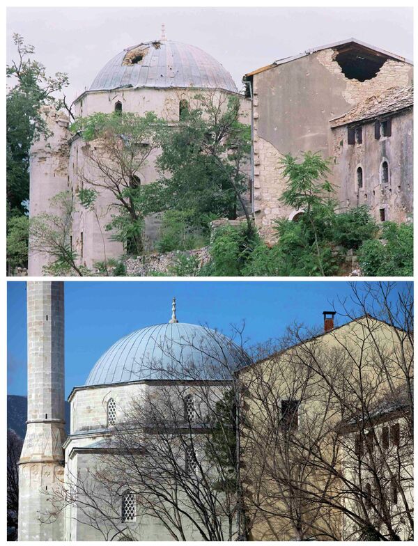 Мечеть Коски Мехмет Паши в Мостаре в поврежденном состоянии в июне 1993 года (вверху), и 23 февраля 2013 года