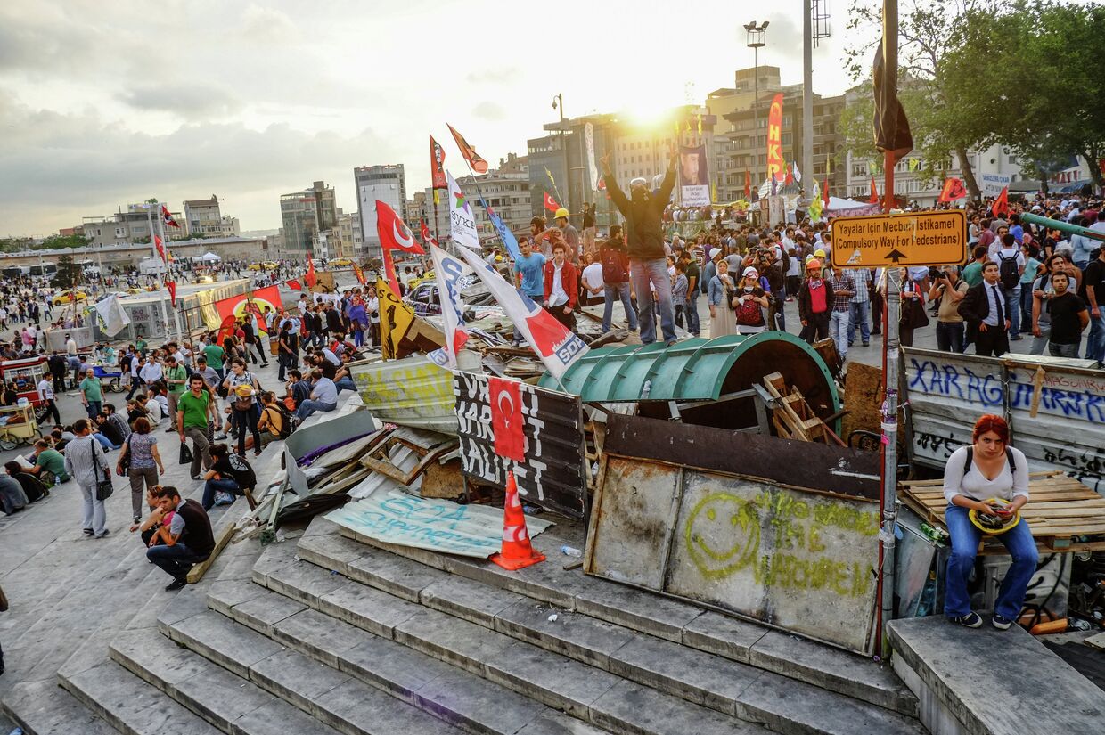 Протестующие на баррикадах на входе в парк Гези в Стамбуле