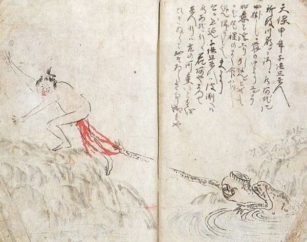 Рисунок из иллюстрированной книги сборника мифических существ. В реке Сингай китайский обезьяноподобный каппа нападает на ребёнка. (1836 год)