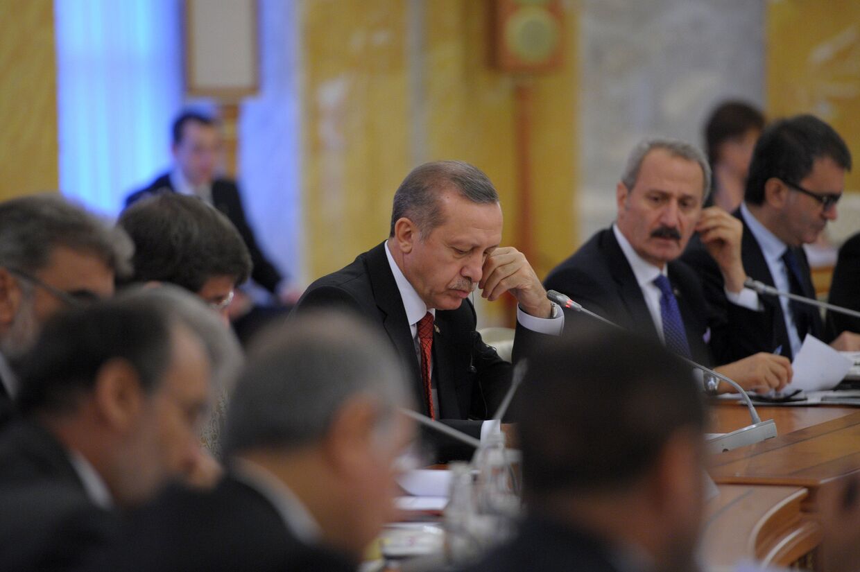 Премьер-министр Турции Реджеп Тайип Эрдоган во время совместной с президентом России Владимиром Путиным 