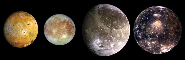 Галилеевы спутники: Ио, Европа, Ганимед и Каллисто, в порядке удаленности от Юпитера