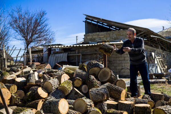 Крымский татарин складывает дрова на участке своего дома в Белогорске
