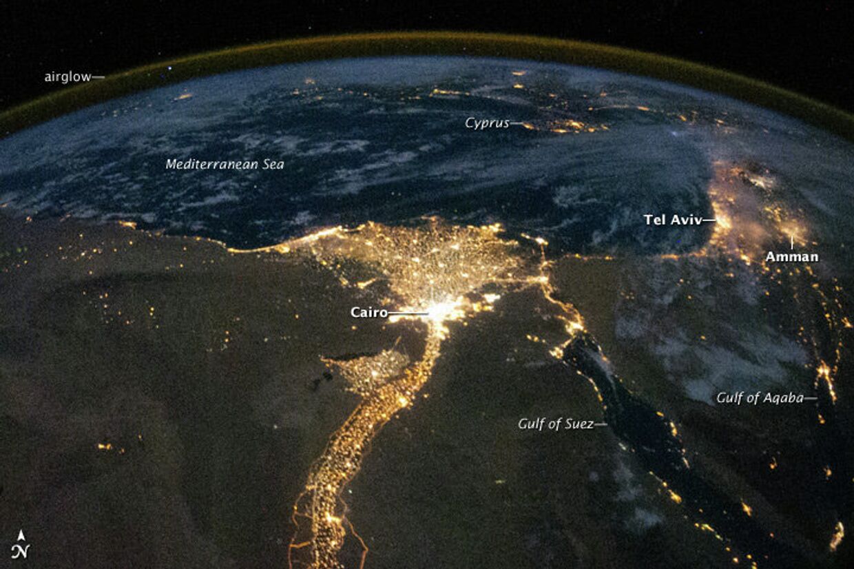 Космический снимок дельты реки Нил, Средиземного моря и Аравийского полуострова
