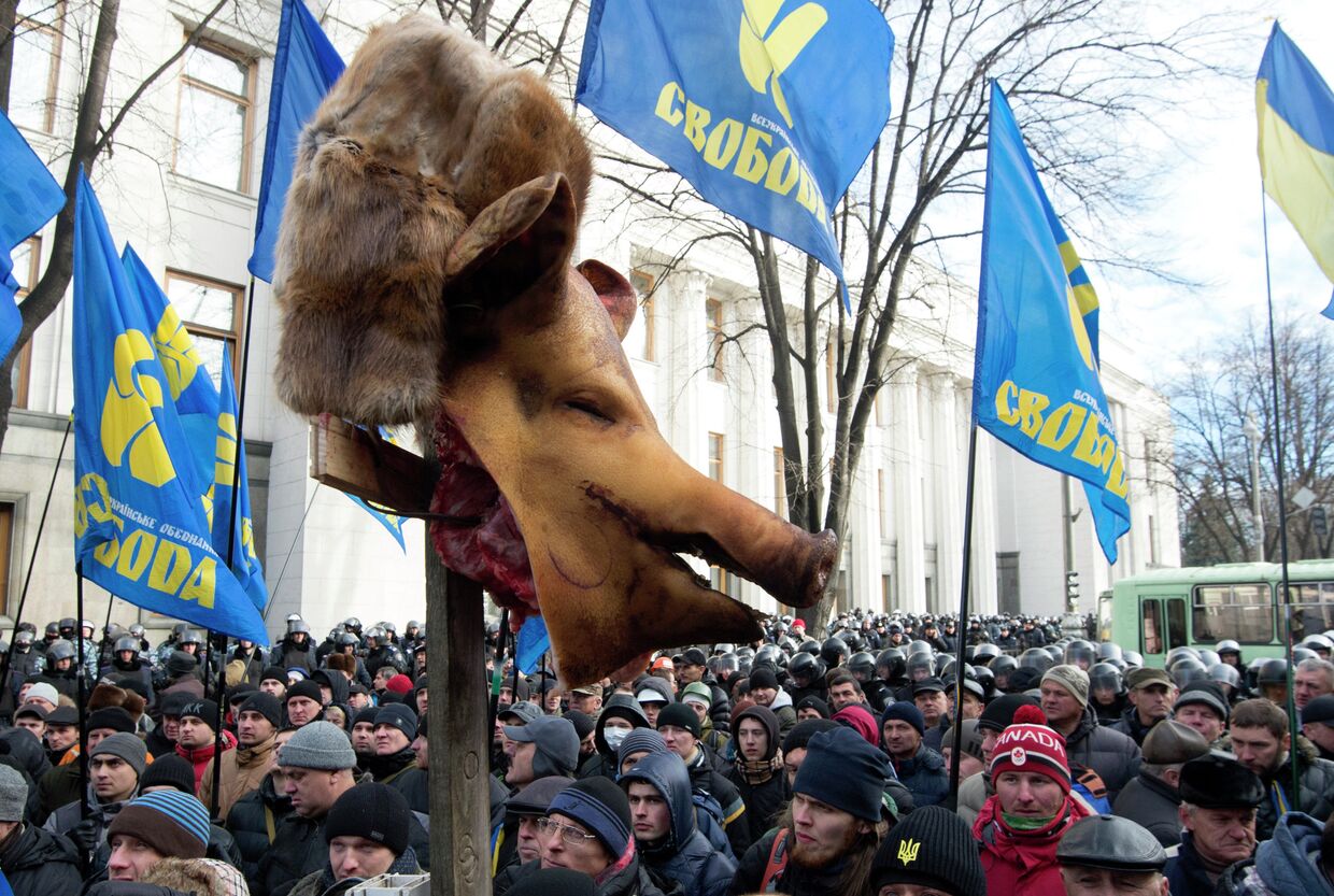 Сторонники партии «Свобода» у здания Верховной Рады в Киеве
