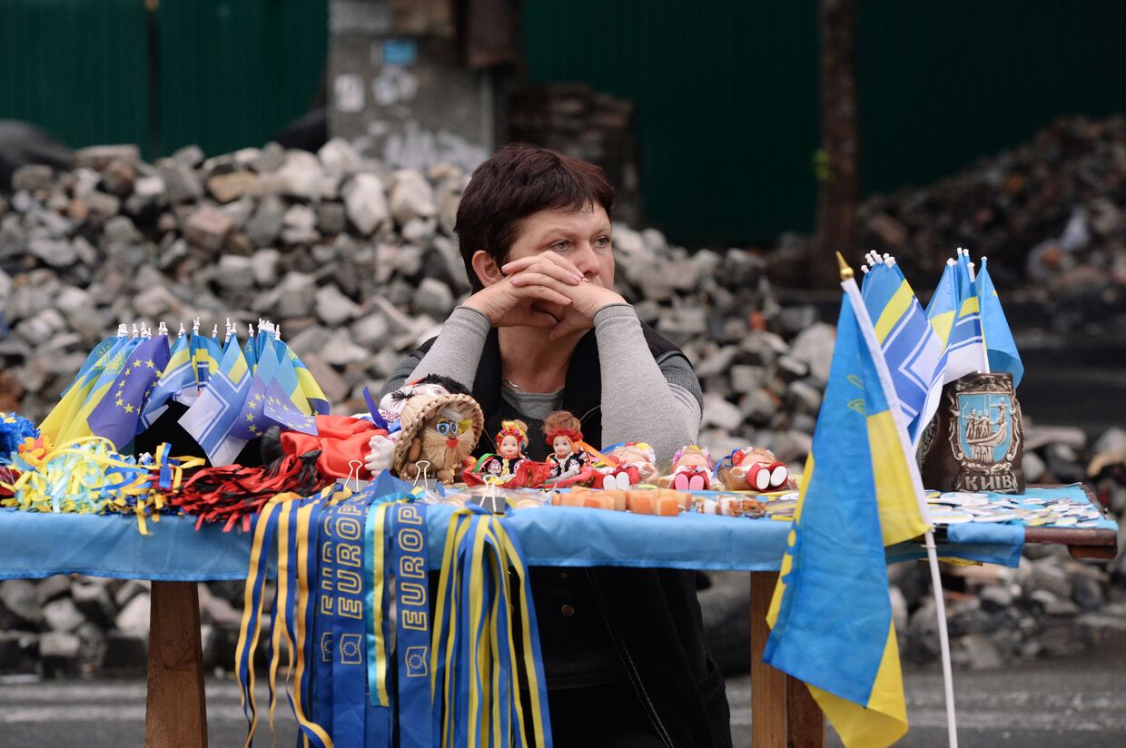 Продавец сувениров у баррикад, оставшихся после акций сторонников Евроинтеграции на одной из улице Киева