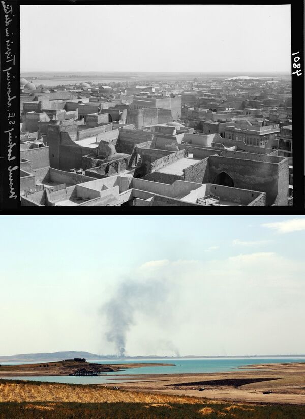 Вид на реку Тигр из Мосула, 1932 год / дым после авиаудара по силам Исламского государства на мосульской плотине, 18 августа 2014 года