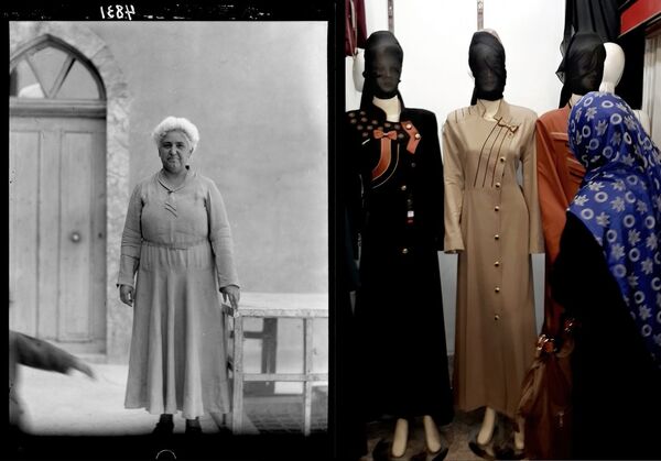 Портрет госпожи Суррмы, представительницы ассирийского народа, Мосул, 1932 год / витрина в центре Мосула с закрытыми тканями лицами манекенов, 21 июля 2014 года