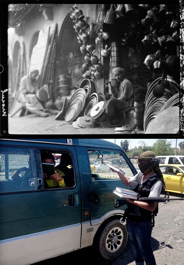 Кузнецы на рынке в Мосуле, 1932 год / боевики Исламского государства раздают Коран водителям в центре Мосула, 22 июня 2014 года