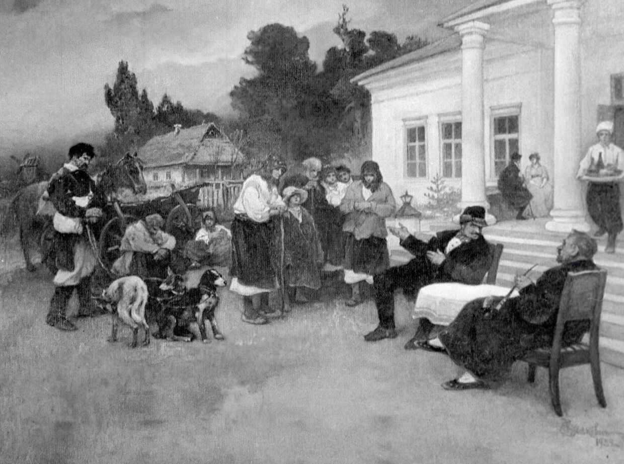 Крепостных крестьян меняют на собак. Картина И.С. Ижакевича (1864 - 1962 гг.)