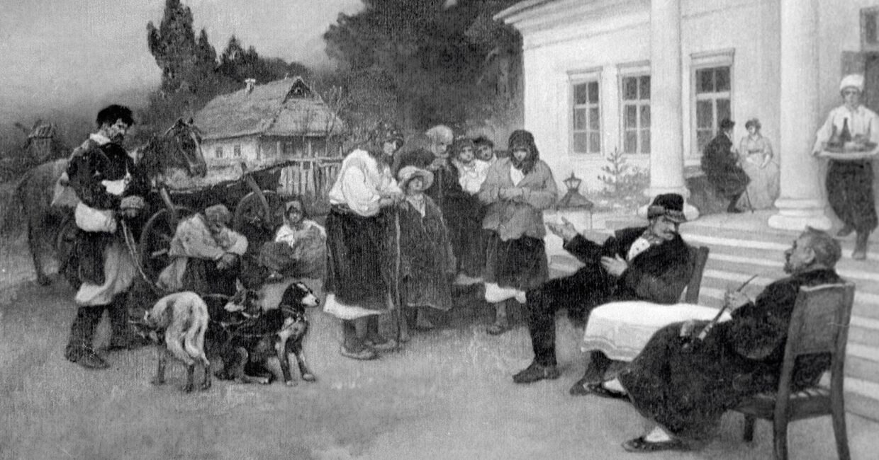 Крепостных крестьян меняют на собак. Картина И.С. Ижакевича (1864 - 1962 гг.)