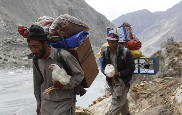 Носильщики несут живых куриц во время перехода в базовый лагерь Чогори