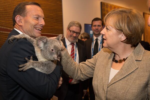 Ангела Меркель и Тони Эботт с коалой на руках на саммите G20 в Австралии