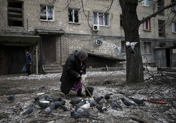 Пожилая женщина кормит голубей рядом с поврежденным во время обстрела домом в Дебальцево