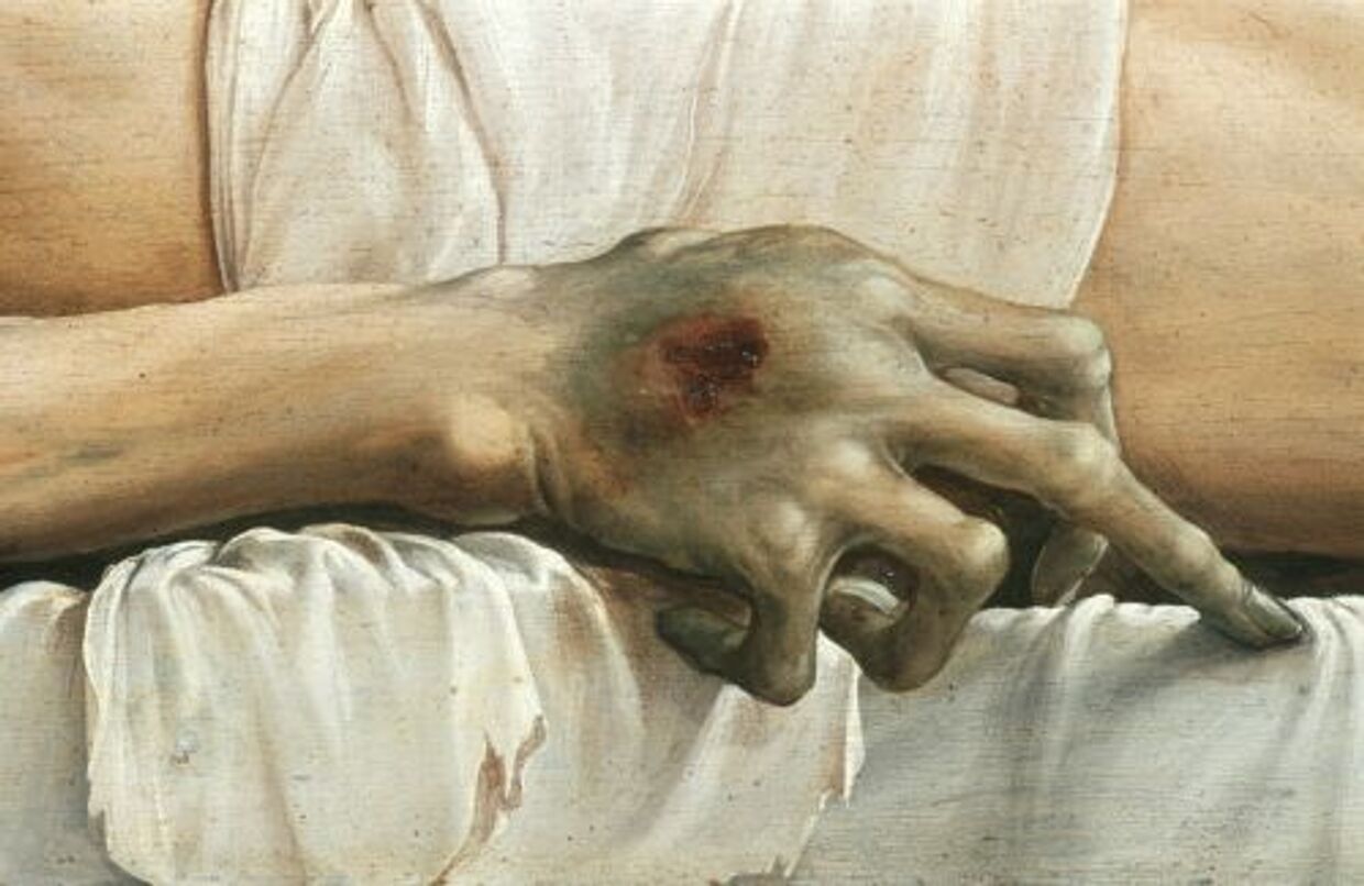 Ганс Гольбейн Младший «Мёртвый Христос в гробу», 1521—22 (деталь)