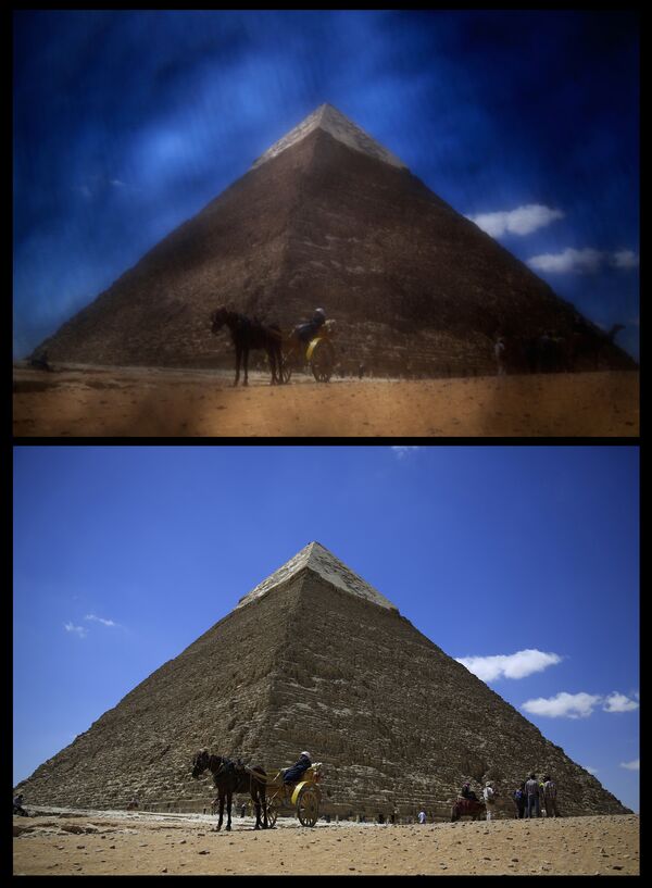 Пирамиды в Гизе, сверху – сфотографированные через никаб