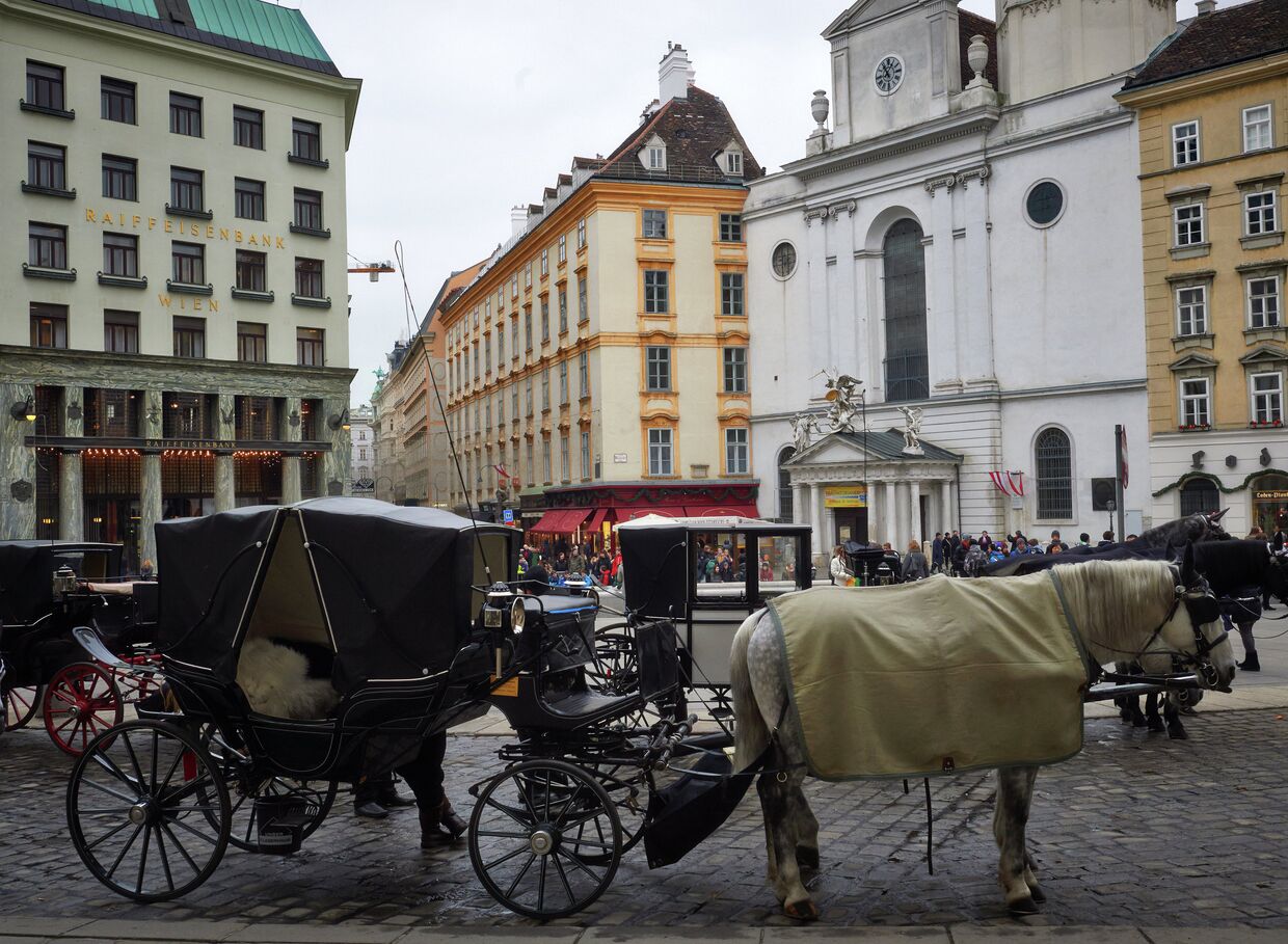 Повозка, запряженная лошадьми, на площади перед дворцовым комплексом Хофбургов в Вене