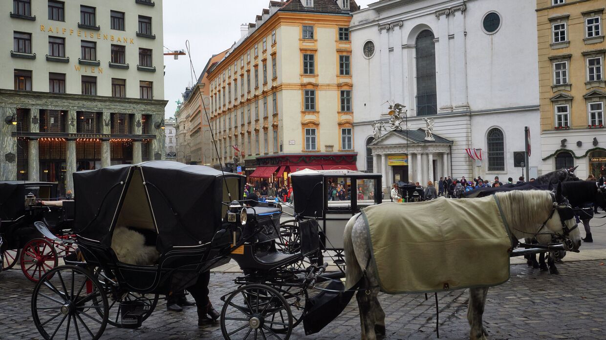Повозка, запряженная лошадьми, на площади перед дворцовым комплексом Хофбургов в Вене
