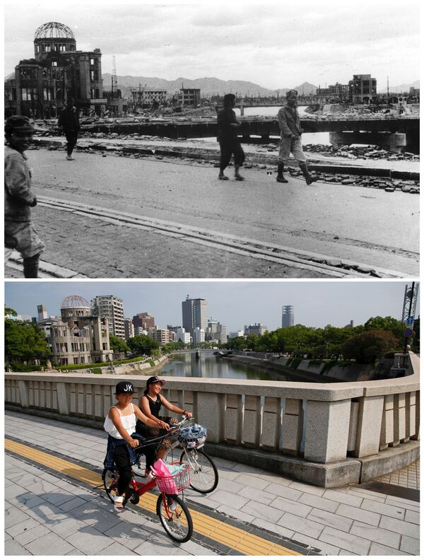 Мост Айой в Хиросиме, слева - Атомный купол