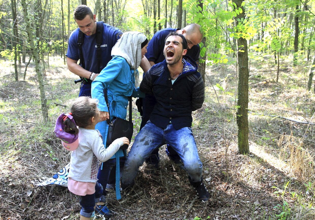 Венгерские полицейские задерживают семью сирийских беженцев после их незаконного пересечения границы с Сербией