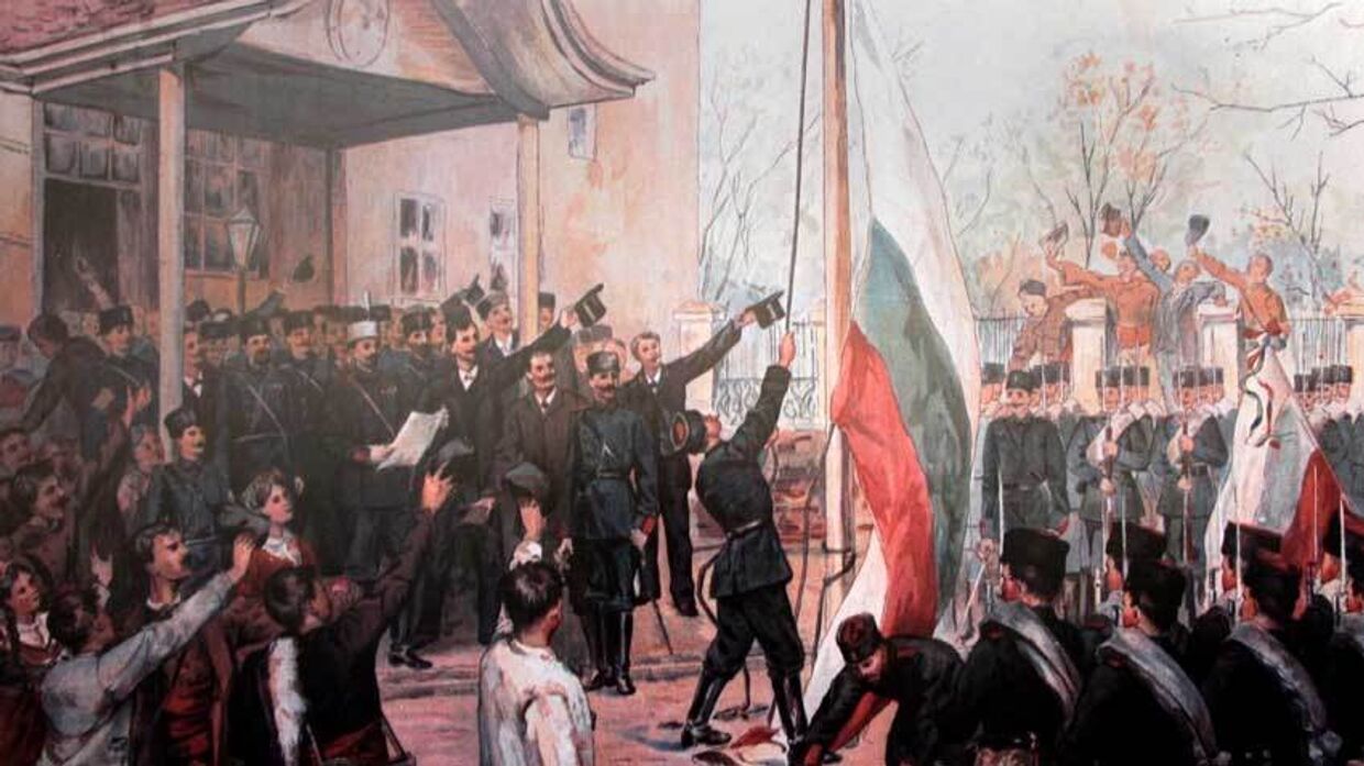 «Объявление Воссоединения 6 сентября 1885 г. в Пловдиве», цветной рисунок, изданный в массовом тираже в Вене художником Францем Яшке